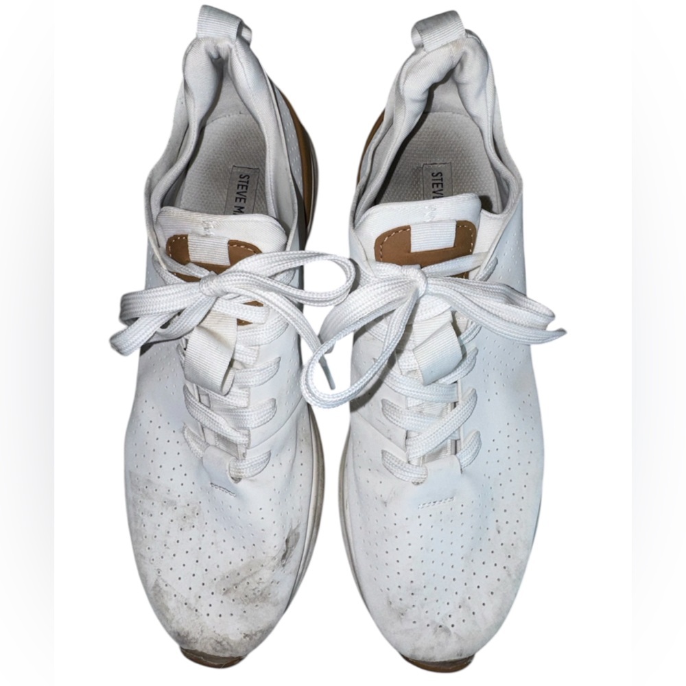 Steve Madden P Brixx White Perforated Lace-Up Sneakers with Brown Accent 10